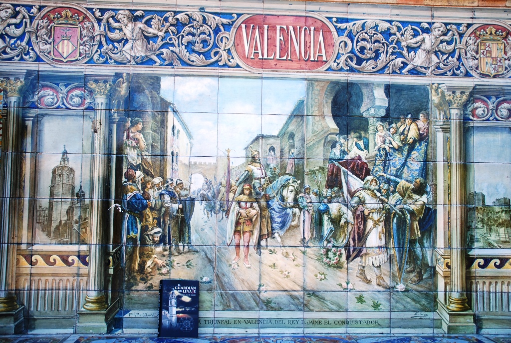 El Rey Jaume I el Conqueridor, entra en Valencia el 9 de octubre de 1238. (Azulejo de la provincia de Valencia en la plaza de España de Sevilla). Novela "EL GUARDIÁN DEL LINAJE"